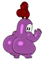 a purple cartoon character with a red helmet on his head .
