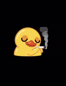 a yellow rubber duck is smoking a cigarette with smoke coming out of it 's mouth .