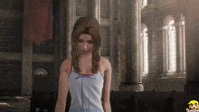 a woman in a white tank top stands in a church with a sirloin logo on the bottom right