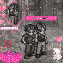 a picture of two boys with hearts and the words " you 're cute " at the top