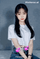 a girl in a white t-shirt and blue jeans is displayed on a screen with pixverse.ai written on it