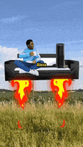 a man is sitting on a couch with the word alexa above him