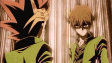 two anime characters are standing next to each other in front of a striped background .