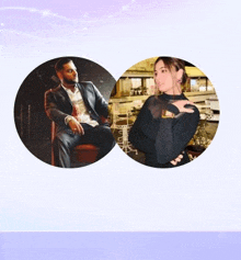 a man in a suit sits in a chair next to a woman in a black dress