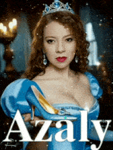 a woman in a blue dress and tiara is holding a cinderella shoe and the name azaly is on the bottom