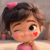 a girl with a pink heart in her hair winks at the camera