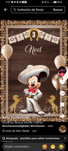 mickey mouse wearing a sombrero and balloons is on an invitation