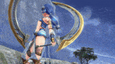 a girl with blue hair is holding a sword in her hand