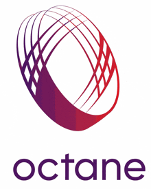 a logo for octane shows a purple and red sphere