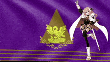a girl with a sword is standing in front of a purple flag with an eagle on it
