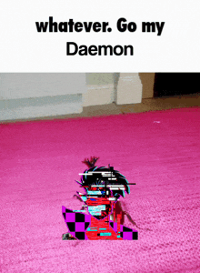 a pink carpet with a picture of a person and the words " whatever go my daemon " on top