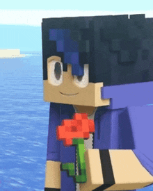 a minecraft character is holding a flower in his hand