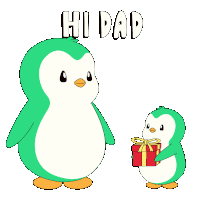 a penguin giving a gift to another penguin with the words hi dad written above them