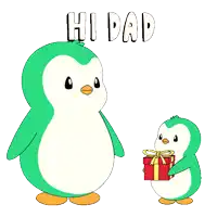 a penguin giving a gift to another penguin with the words hi dad written above them
