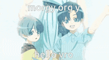 a picture of a man behind a blue wall with the words morgy org y hello vro