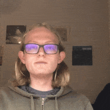 a man wearing glasses and a hoodie stands in front of a wall