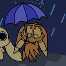 a cartoon character holding a blue umbrella with a turtle in the background