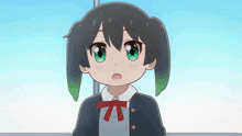 a cartoon girl with green eyes and black hair