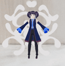 a girl in a blue dress is standing in front of a wall with white swirls on it