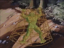 a cartoon drawing of a green hulk in a cage