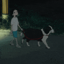 a boy is walking a dog on a leash