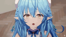 a close up of a blue haired anime girl with yellow eyes