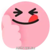 a pink smiley face is giving a thumbs up and has a red tongue sticking out of it .
