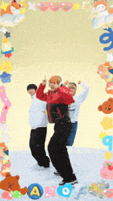 a group of people are dancing in front of a yellow background with the letter a on it