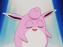 a pink and white cartoon character is standing in front of a blue curtain with its eyes closed