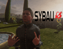 a man is giving the middle finger in front of a sybau logo