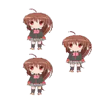 a pixel art of a girl with red eyes and brown hair
