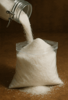 a bag of sugar is being poured out of a glass jar