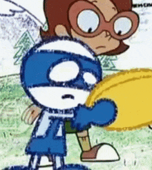 a cartoon character wearing glasses and a blue mask with the number 7 on it