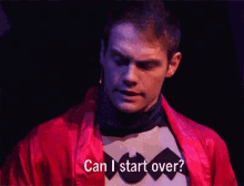 a man in a superhero costume is asking " can i start over "