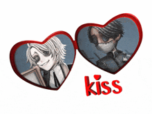 two hearts with a picture of a man and the word kiss on the bottom