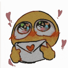 a drawing of a smiley face holding an envelope with a heart on it