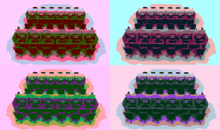 four different colored images of a stack of chairs with the letters eee on them