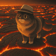 a cat wearing a hat standing in a field of lava