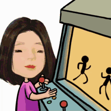 a cartoon of a woman playing a video game with stick figures on the screen
