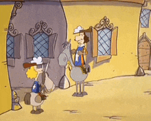 a man is riding a donkey in a cartoon while another man stands next to him .