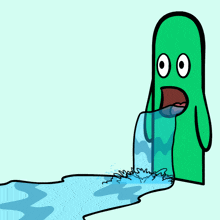 a cartoon drawing of a green monster with a waterfall coming out of his mouth