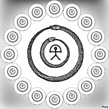 a black and white drawing of a snake in a circle with the word pixiz in the corner