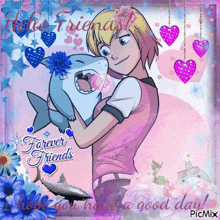 a picture of a girl holding a shark that says forever friends on it
