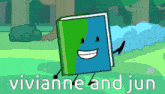 a cartoon drawing of a book with the name vivianne and jun on the bottom