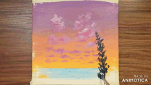 a painting of a sunset with a tree in the foreground made in animotica