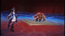 a video game character with a sword and shield standing next to another character