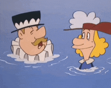 two cartoon characters are standing in the water and one is wearing a top hat