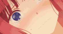 a close up of a girl 's face with red hair and a blue eye