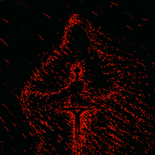 a black background with red dots on it and a silhouette of a person