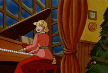 a woman is playing a piano in a cartoon scene